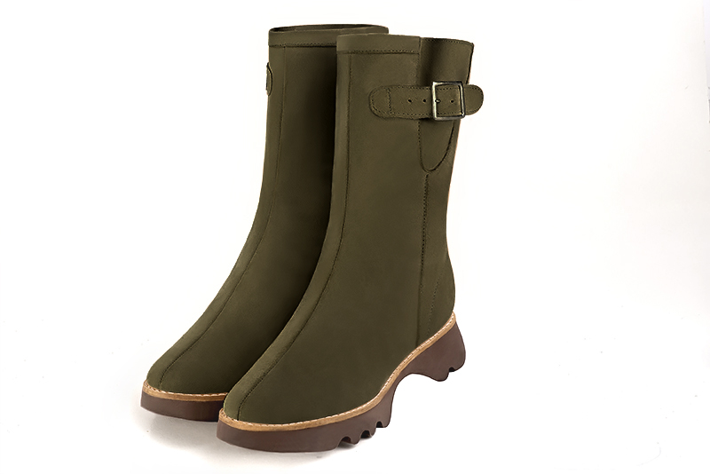 Khaki green women's ankle boots with a zip on the inside.. Front view - Florence KOOIJMAN